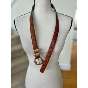 Vintage Brown Croc-Embossed Leather Belt with Gold Buckle